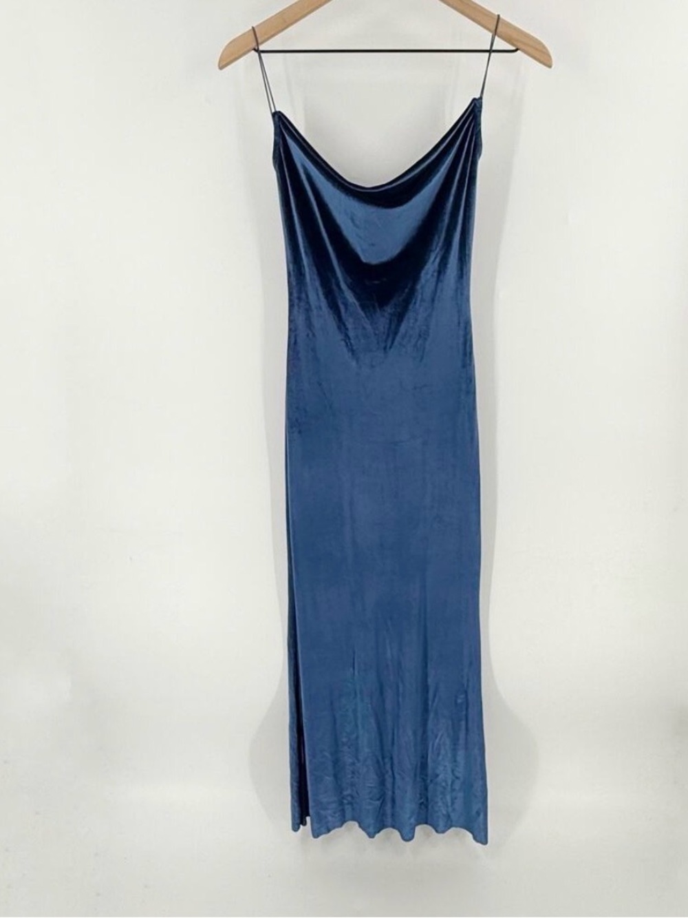 Beige Botany Blue Velvet Slip Dress Stretch Velour Cowl Neck Midi Open Back L